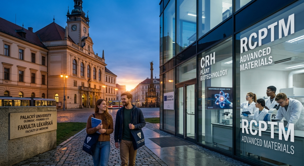 modern architecture at Palacký University in Olomouc. On the left, a classical Faculty of Medicine building with an engraved sign is visible; on the right, the modern RCPTM research center features researchers working in a glass-walled lab. In the center, two students walk along a cobblestone path in the university square.