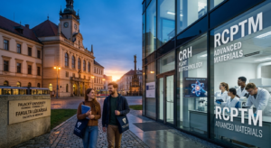 modern architecture at Palacký University in Olomouc. On the left, a classical Faculty of Medicine building with an engraved sign is visible; on the right, the modern RCPTM research center features researchers working in a glass-walled lab. In the center, two students walk along a cobblestone path in the university square.