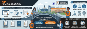 Educational infographic by Emisa Academy explaining Masaryk University admission steps, including the Nostrification process, required documents (Diploma, Transcript, Passport), and entrance exam subjects for various faculties in the Czech Republic.