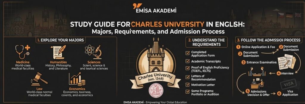 "Comprehensive study guide for Charles University in Prague offering programs in English. Infographic covers majors like Medicine, Law, and Economics, admission requirements including TOEFL/IELTS and transcripts, and a 6-step application process from online submission to visa application. Provided by Emisa Akademi.