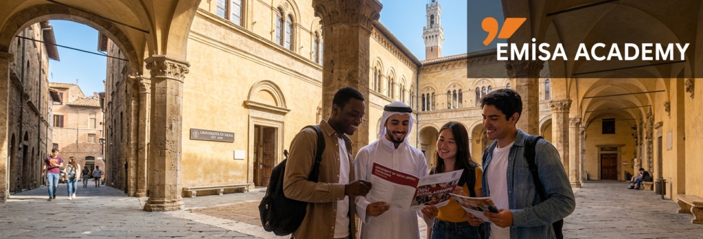 Diverse international students standing in the historic courtyard of the University of Siena (UNISI) in Italy, reviewing scholarship brochures and admission guides, featuring the Emisa Academy logo in the top corner.