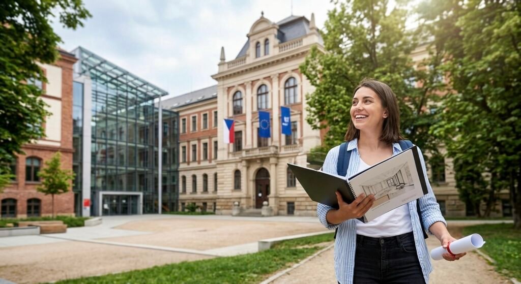 "A smiling student standing in front of the Brno University of Technology building in the Czech Republic, holding an artistic portfolio and engineering blueprints, symbolizing university admission services from Emisa Academy."