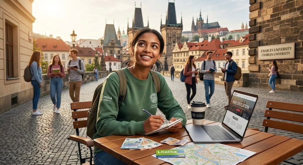 "Student planning her university budget in Prague, Czech Republic, featuring Emisa Academy branding and iconic city landmarks."