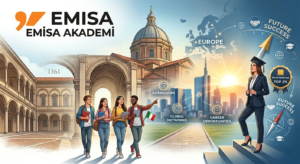 A conceptual graphic by Emisa Academy showcasing the University of Pavia historic campus, highlighting its 1361 foundation and Top 2% QS World Ranking. The image illustrates the journey from studying in Italy to achieving career success in Europe, featuring internships and global networking opportunities.