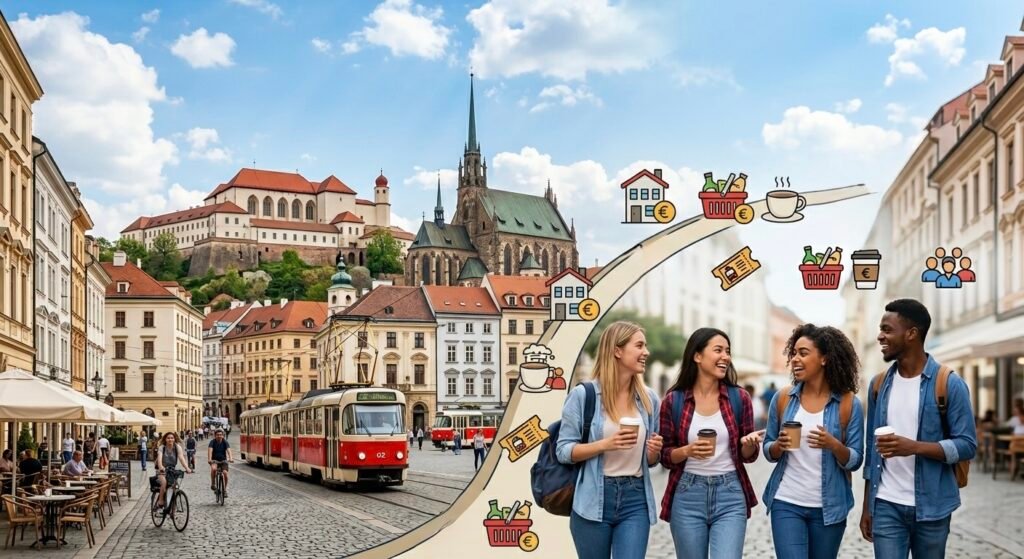 "Expressive image about the cost of living and studying in the city of Brno, showing historical monuments and the student lifestyle in the Czech Republic."