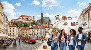 "Expressive image about the cost of living and studying in the city of Brno, showing historical monuments and the student lifestyle in the Czech Republic."