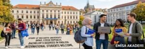 A group of diverse international students standing in front of the historic Masaryk University building in Brno, Czech Republic, featuring the Emisa Academy logo for academic year.