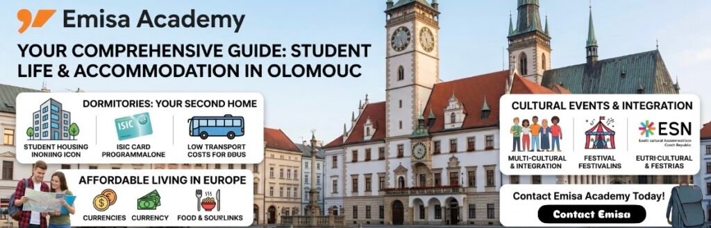 A professional infographic banner for Emisa Academy featuring the historic architecture of Olomouc, highlighting student housing, ISIC benefits, and cultural integration in the Czech Republic.