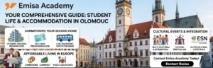 A professional infographic banner for Emisa Academy featuring the historic architecture of Olomouc, highlighting student housing, ISIC benefits, and cultural integration in the Czech Republic.