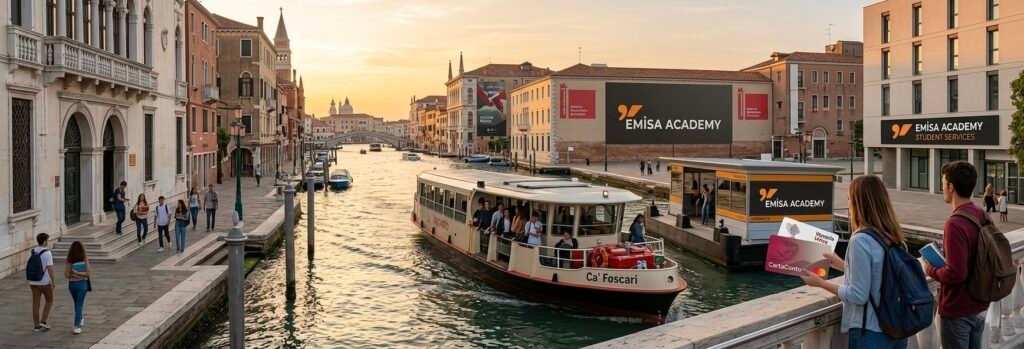 A panoramic view of students in Venice, Italy, featuring a water bus (Vaporetto) on the Grand Canal and Emisa Academy branding, illustrating student life and accommodation at Ca' Foscari University."