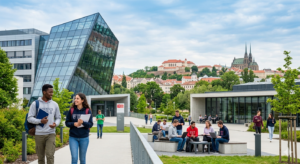 study-at-vut-brno-university-czech-republic.jpg Students at the Brno University of Technology (VUT) campus in the Czech Republic, with a background of historic Brno city landmarks.