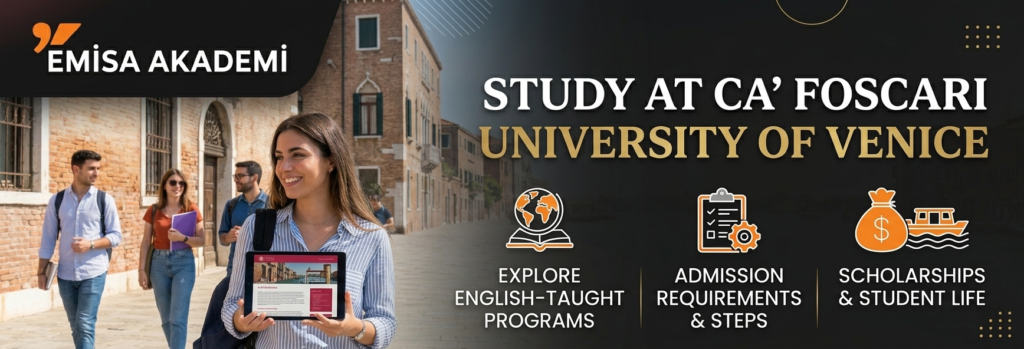 International students walking in Venice with a banner for Emisa Academy showing study programs and admission requirements for a Bachelor's degree at Ca' Foscari University of Venice.