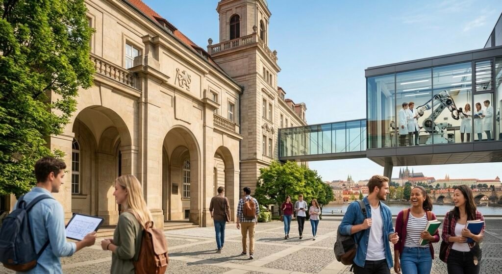 International students at Czech Technical University (CTU) campus in Prague, featuring a blend of historic architecture and modern robotics labs for engineering studies in the Czech Republic.