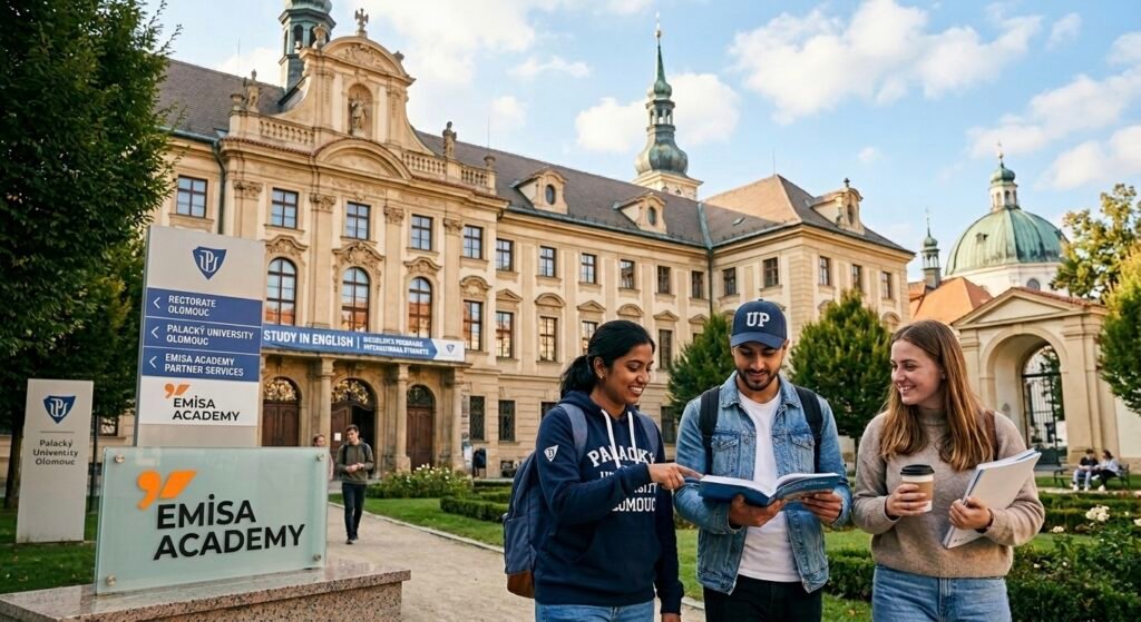 International students discussing academic programs in front of the historic Palacký University Olomouc building, featuring the Emisa Academy logo.