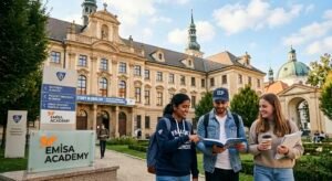 International students discussing academic programs in front of the historic Palacký University Olomouc building, featuring the Emisa Academy logo.