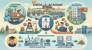 The Emisa Academy illustrated guide to studying in Czechia: Breakdown of monthly student expenses in Prague and tech industry job opportunities.