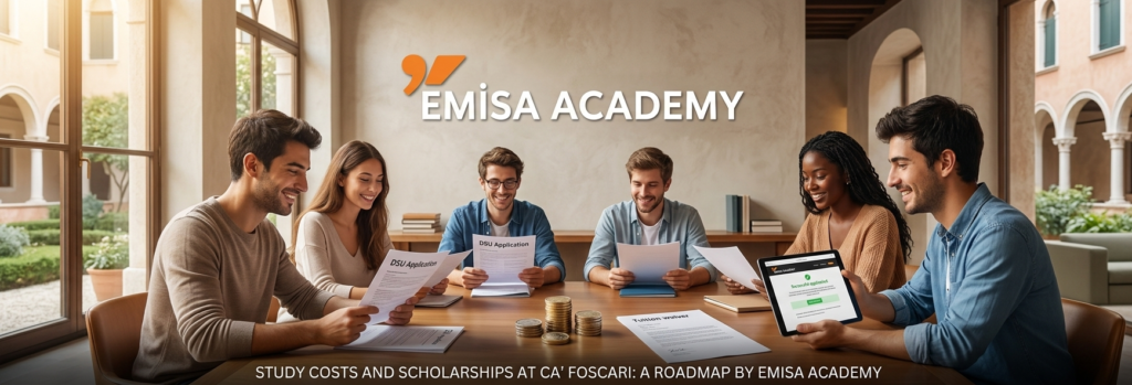 "International students reviewing DSU scholarship applications and tuition documents at Ca' Foscari University, featuring the Emisa Academy logo.