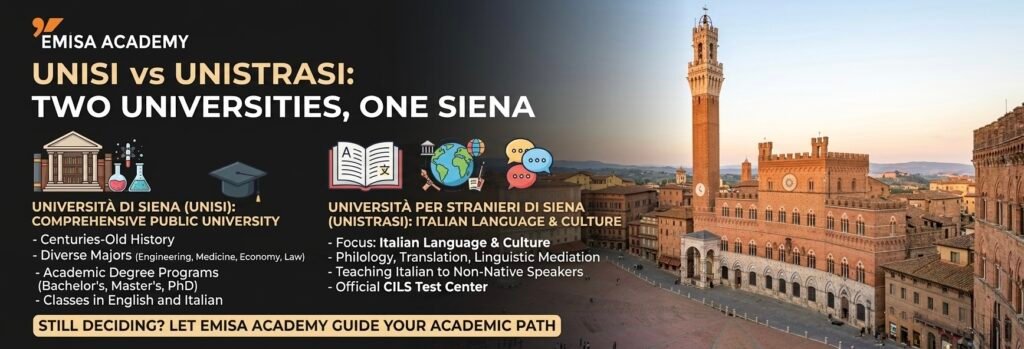 A visual comparison of University of Siena (UNISI) and University for Foreigners of Siena (UNISTRASI), featuring the Emisa Academy logo, illustrations of books and architectural icons, and a panoramic view of the Piazza del Campo in Siena, Italy