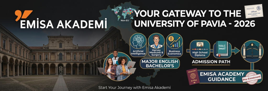 professional banner for University of Pavia 2026 admissions featuring the Emisa Academy logo, the historic university courtyard, and icons for Medicine, AI, and Business programs with a step-by-step admission path for international students.