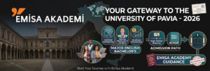 professional banner for University of Pavia 2026 admissions featuring the Emisa Academy logo, the historic university courtyard, and icons for Medicine, AI, and Business programs with a step-by-step admission path for international students.