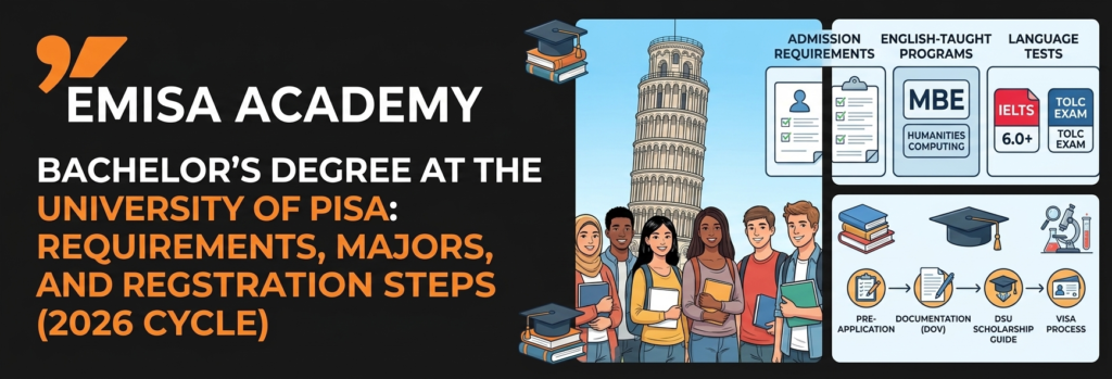 "Infographic by Emisa Academy illustrating the 2026 Bachelor's degree guide for the University of Pisa; featuring the Leaning Tower of Pisa, a diverse group of international students, and icons detailing admission requirements, IELTS and TOLC exams, scholarship steps, and the visa process."