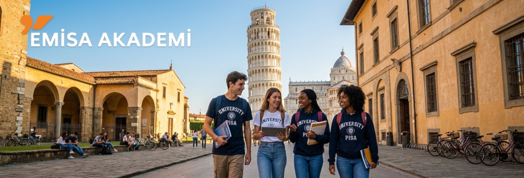 "International students walking in Pisa, Italy, featuring the Emisa Academy logo and the Leaning Tower of Pisa in the background."
