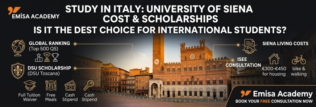 "Infographic about University of Siena living costs and DSU Toscana scholarships for international students, featuring the Emisa Academy logo and the historic Piazza del Campo in Italy."