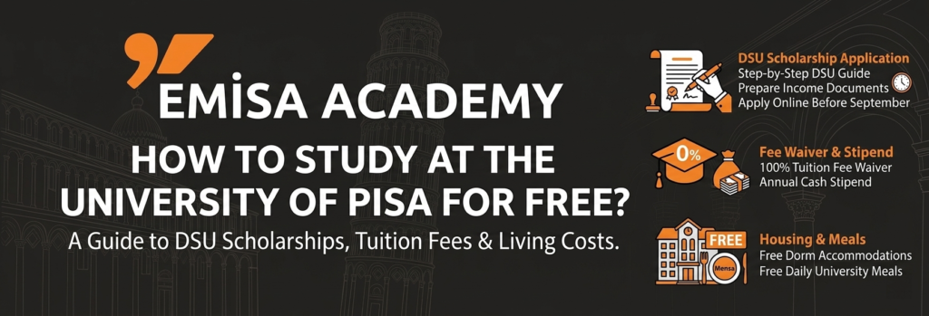 A group of diverse international students sitting on the grass in front of the Leaning Tower of Pisa, looking at a laptop with the Emisa Academy logo displayed on a nearby sign.