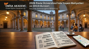 Görüntü, "Emisa Akademi" tarafından sunulan, İtalya'daki Pavia Üniversitesi'nde 2026 yılı için yaşam maliyetleri ve (DSU) bursları hakkında Türkçe bir rehber makalesinin kapağını gösteriyor. Arka planda yürüyen öğrencilerin bulunduğu tarihi Pavia Üniversitesi avlusu görülürken, ön planda ahşap bir masa üzerinde açık bir defter yer alıyor. Defterin içinde burs detaylarını açıklayan ikonlar ve metinler bulunuyor, örneğin: Üniversite Bursu (DSU), Kabul Finansmanı, Akademik Gereksinimler, Nakit Burslar (5000 Euro'ya kadar), Ücretsiz Yemekler (Mensa) ve Sübvansiyonlu Konaklama. Defterin yanında bir kahve ve harita gösteren bir akıllı telefon yer alıyor.