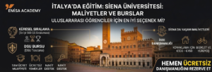 Emisa Academy tarafından hazırlanan, İtalya'daki Siena Üniversitesi hakkında bilgilendirici bir banner reklamı. Başlıkta Türkçe olarak: "İTALYA'DA EĞİTİM: SIENA ÜNİVERSİTESİ: MALİYETLER VE BURSLAR" ve "ULUSLARARASI ÖĞRENCİLER İÇİN EN İYİ SEÇENEK Mİ?" yazıyor.