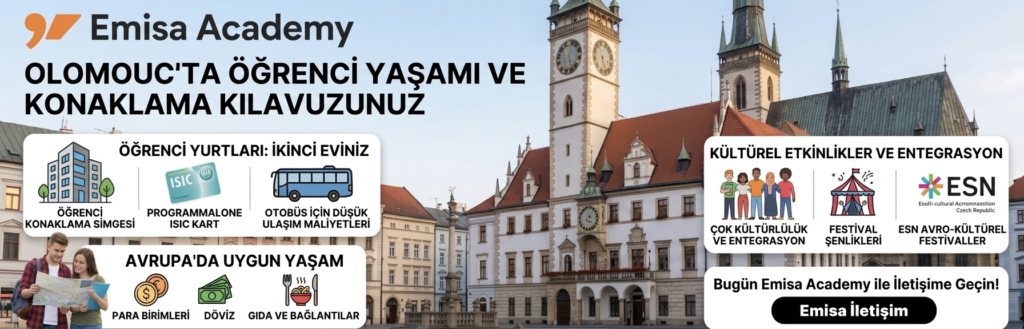 Emisa Academy tarafından hazırlanan Olomouc'ta öğrenci yaşamı ve konaklama rehberi infografiği. Yurtlar, kültürel etkinlikler, ulaşım maliyetleri ve uygun yaşam hakkında bilgiler içerir.