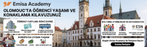 Emisa Academy tarafından hazırlanan Olomouc'ta öğrenci yaşamı ve konaklama rehberi infografiği. Yurtlar, kültürel etkinlikler, ulaşım maliyetleri ve uygun yaşam hakkında bilgiler içerir.