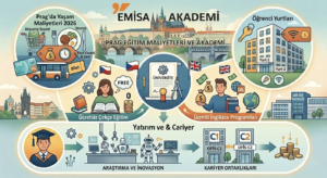 Prag'da üniversite eğitimi ve yaşam maliyetlerini gösteren Emisa Akademi infografiği: Ücretsiz Çekçe ve ücretli İngilizce programlar, yurt imkanları, araştırma ve inovasyon yoluyla kariyer ortaklıkları.