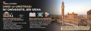 Emisa Academy tarafından hazırlanan, Siena'daki iki üniversiteyi (UNISI ve UNISTRASI) karşılaştıran Türkçe infografik. Görselin sol tarafında üniversitelerin özellikleri ve farkları listelenirken, sağ tarafta tarihi Siena kenti ve Torre del Mangia kulesinin panoramik görüntüsü yer almaktadır.