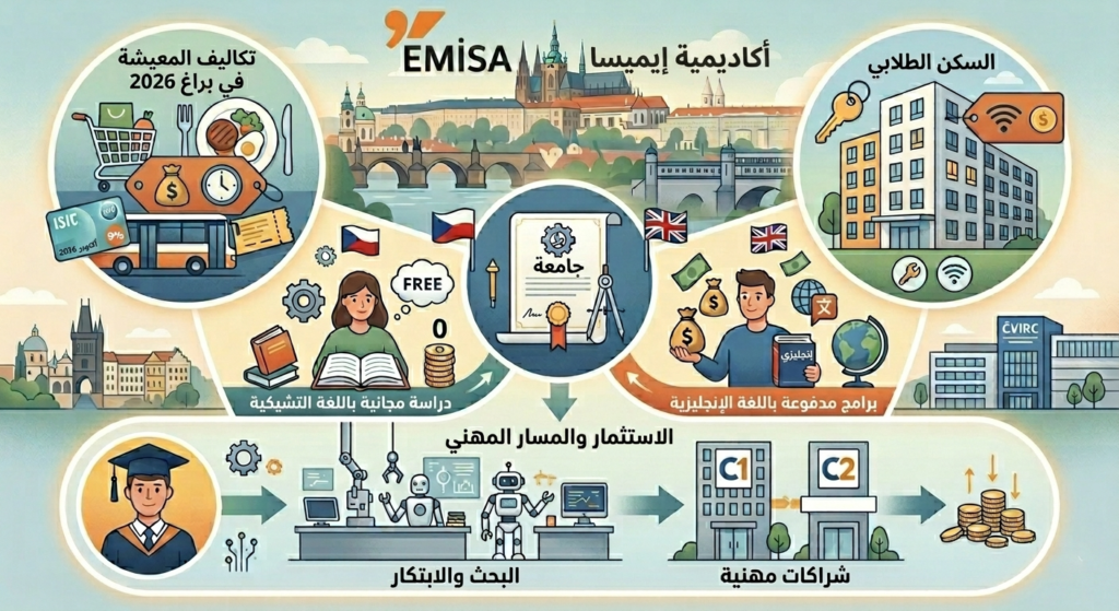 تُظهر الصورة إنفوجرافيك تعليمي لـ أكاديمية إيميسا (EMISA Academy) يستعرض تكاليف ومسارات الدراسة في مدينة براغ لعام 2026.