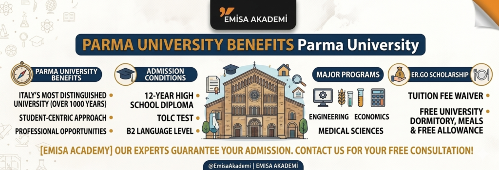 infographic-style guide from Emisa Academy regarding the international student admission process for the University of Parma (UNIPR) for the 2026 academic year, including the ER.GO scholarship details.