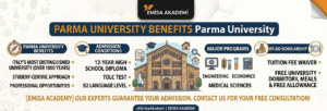infographic-style guide from Emisa Academy regarding the international student admission process for the University of Parma (UNIPR) for the 2026 academic year, including the ER.GO scholarship details.
