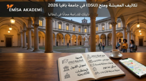 صورة مركبة على خلفية لساحة تاريخية في جامعة بافيا بإيطاليا مع قوس متصل وأشخاص يمشون. في المقدمة، يوجد مكتب خشبي عليه فنجان قهوة، هاتف ذكي يعرض خريطة، وكتاب مفتوح يحتوي على نص باللغة العربية يوضح تفاصيل منحة "DSU" لعام 2026، بما في ذلك "تكاليف المعيشة ومنح (DSU) في جامعة بافيا 2026"، "دليلك للدراسة مجانًا في إيطاليا"، ومعلومات محددة مثل "تمويل القبول"، "مبلغ نقدي +5,000 يورو"، "وجبات مجانية (منسا)"، "سكن مدعوم"، و"مدينة صديقة للدراجات". شعار "EMISA AKADEMI" ظاهر في الزاوية العلوية اليسرى.