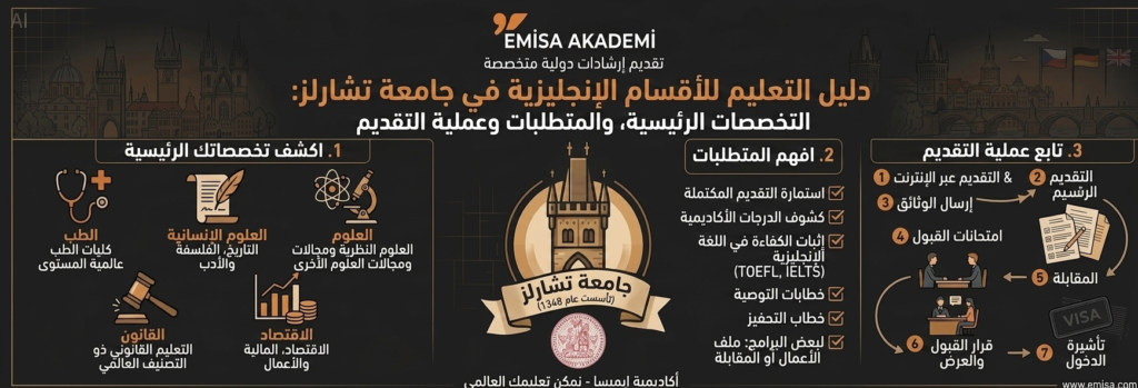 إنفوجرافيك تعليمي من إعداد "إميسا أكاديمي" بعنوان "دليل التعليم للأقسام الإنجليزية في جامعة تشارلز"، يستعرض التخصصات الرئيسية، المتطلبات، وعملية التقديم. يتضمن التصميم شعار جامعة تشارلز (تأسست عام 1348) في المنتصف