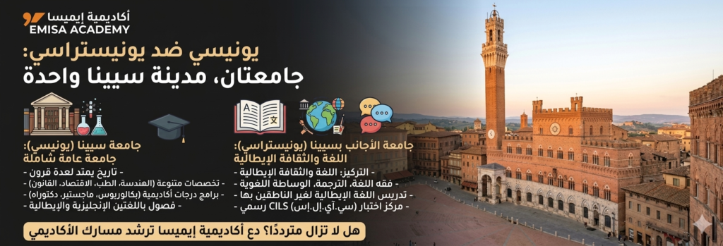 النص البديل: إنفوجرافيك ثنائي اللغة من أكاديمية إيميسا، يتميز بمنظر بانورامي لمدينة سيينا القديمة وبرج توري دل مانجا على اليمين. يعرض الجانب الأيسر المعلومات باللغة العربية والإنجليزية، مقسمة إلى قسمين.