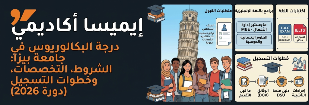 النص البديل: "ملصق إعلاني باللغة العربية لأكاديمية إميزا، يعرض تفاصيل برنامج البكالوريوس في جامعة بيزا لعام 2026. يظهر فيه رسم لمجموعة من الطلاب أمام برج بيزا المائل، مع أقسام تشرح متطلبات القبول، البرامج المتاحة، واختبارات اللغة، بالإضافة إلى رسم بياني يوضح خطوات التسجيل."