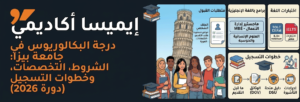 النص البديل: "ملصق إعلاني باللغة العربية لأكاديمية إميزا، يعرض تفاصيل برنامج البكالوريوس في جامعة بيزا لعام 2026. يظهر فيه رسم لمجموعة من الطلاب أمام برج بيزا المائل، مع أقسام تشرح متطلبات القبول، البرامج المتاحة، واختبارات اللغة، بالإضافة إلى رسم بياني يوضح خطوات التسجيل."