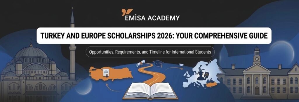 Emisa Academy 2026 scholarship guide for international students interested in studying in Turkey and Europe, featuring educational icons and application opportunities.