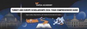 Emisa Academy 2026 scholarship guide for international students interested in studying in Turkey and Europe, featuring educational icons and application opportunities.