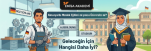 Alt Metni: Almanya'da eğitim ve kariyer seçeneklerini gösteren bir görsel. Sol tarafta bir atölyede gülümseyen erkek bir mesleki eğitim (Ausbildung) kursiyeri, sağ tarafta bir üniversite binası önünde mezuniyet cübbesi ve başörtüsüyle kitap tutan bir öğrenci yer alıyor. Ortada Türkçe olarak "Almanya'da Meslek Eğitimi mi yoksa Üniversite mi? Geleceğin İçin Hangisi Daha İyi?" yazısı ve "AUSBILDUNG" ile "STUDIUM" yönlerini gösteren levhalar bulunuyor. Üstte "EMİSA AKADEMİ" logosu yer alıyor. Görsel, iki eğitim yolu arasındaki seçimi vurgulamaktadır.