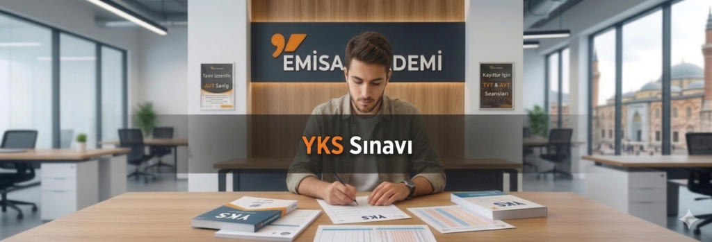 EMİSA AKADEMİ'den profesyonel bir fotoğraf, açık ofis ortamında yazmaya odaklanmış genç bir erkek öğrenciyi gösteriyor. 'YKS' (Türkiye yükseköğretim sınavı) çalışma materyalleri ve resmi görünen kağıtlarla çevrili büyük bir ahşap masada oturuyor. Masanın yüzeyi, 'YKS' metni içeren birkaç ders kitabı, basılı belgeler ve küçük formlar tutar. Arkasında, koyu renkli ahşap bir panelin üzerinde, arkadan aydınlatmalı 'EMİSA AKADEMİ' logosu yer alıyor. Duvardaki iki çerçeveli poster de 'YKS'yi sergiliyor ve merkez figürü çevreliyor. Uzak arka planda, büyük ofis pencerelerinden görünen, çoklu minareli bir caminin ikonik silüeti var. Merkezdeki yatay bir katman afişi, beyaz ve turuncu "YKS Sınavı" metnine sahiptir. Genel his, ciddi bir hazırlık ve odaklanmış çalışma hissidir.