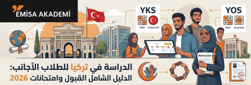 بنر إيميسا أكاديمي لـ "الدراسة في تركيا للطلاب العرب: الدليل الشامل القبول وامتحانات 2026"، يظهر فيه بوابات جامعة إسطنبول، طلاب وطالبات عرب، وتوضيح لامتحانات اليوس TR YOS والـ YKS.