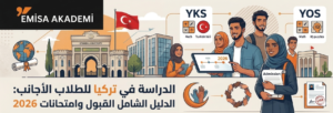 بنر إيميسا أكاديمي لـ "الدراسة في تركيا للطلاب العرب: الدليل الشامل القبول وامتحانات 2026"، يظهر فيه بوابات جامعة إسطنبول، طلاب وطالبات عرب، وتوضيح لامتحانات اليوس TR YOS والـ YKS.