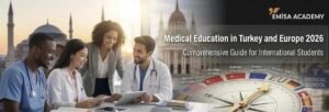 A group of diverse international medical students sitting together and reviewing information on a tablet, with an overlay title "Medical Education in Turkey and Europe 2026: Comprehensive Guide for International Students" and a graphic of a compass pointing toward various countries, featuring the Emisa Academy logo.