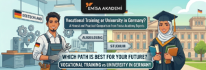 Alt Text: A colorful vector illustration from Emisa Akademi comparing vocational training (Ausbildung) and university studies (Studium) in Germany. The left side features a male mechanic in an engineering workshop holding a wrench, with the text "DEUTSCHLAND" and gears, and a sign labeled "AUSBILDUNG." The right side features a female graduate with a headscarf, cap, and gown, holding books in front of a university building, with a sign labeled "STUDIUM." The main text at the top asks, "Vocational Training or University in Germany? A Honest and Practical Comparison from Emisa Academy Experts." The bottom text asks, "WHICH PATH IS BEST FOR YOUR FUTURE? VOCATIONAL TRAINING vs UNIVERSITY IN GERMANY."